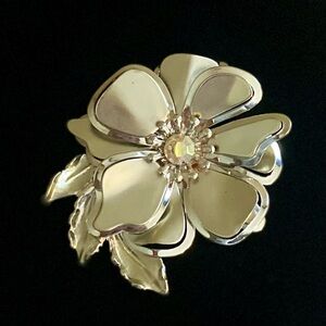 Vintage Silver Flower Brooch, AB Rhinestone Center